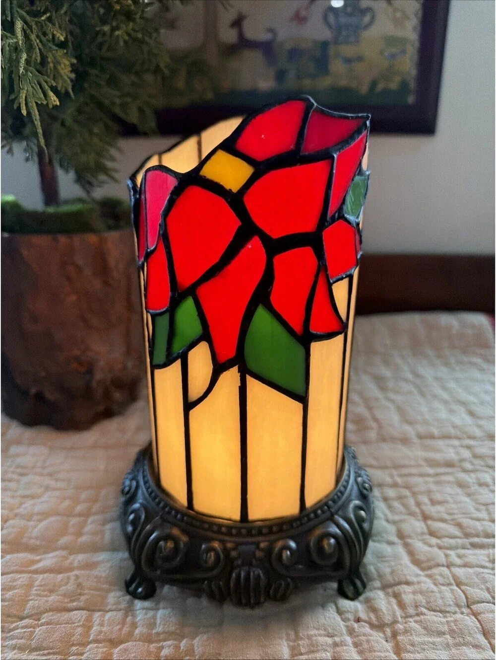 Stained Glass Table Lamp Tiffany Style Floral Cylindrical Desk Night Small VTG